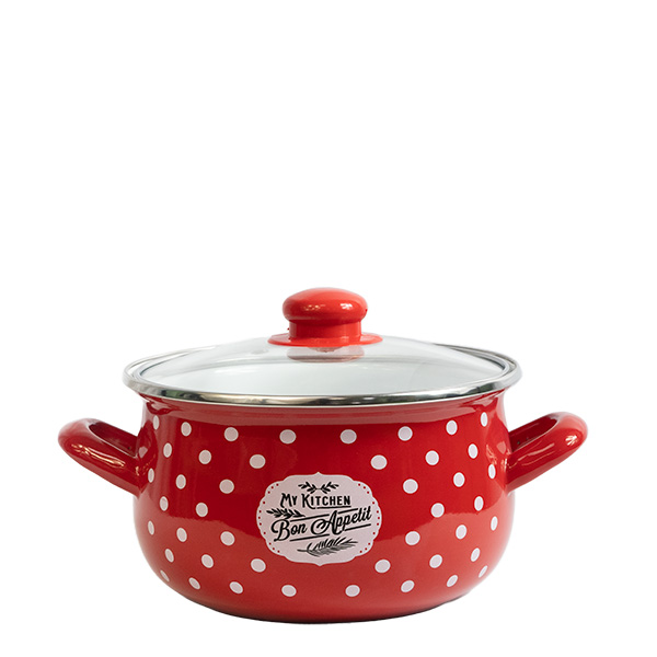 червена 4 Тенджера емайл с кант тумб. стъклен капак 2,8 литра Бон Апети