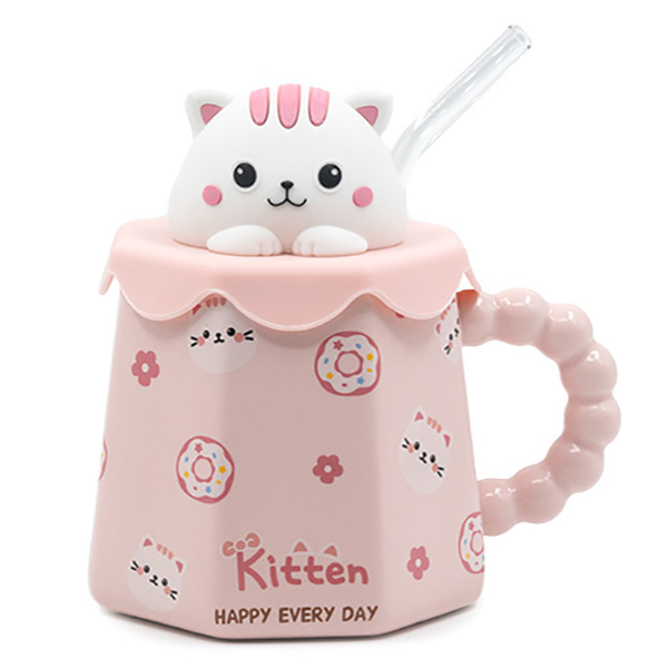 И02-14305 w Чаша с дръжка силиконов капак и сламка Животинче