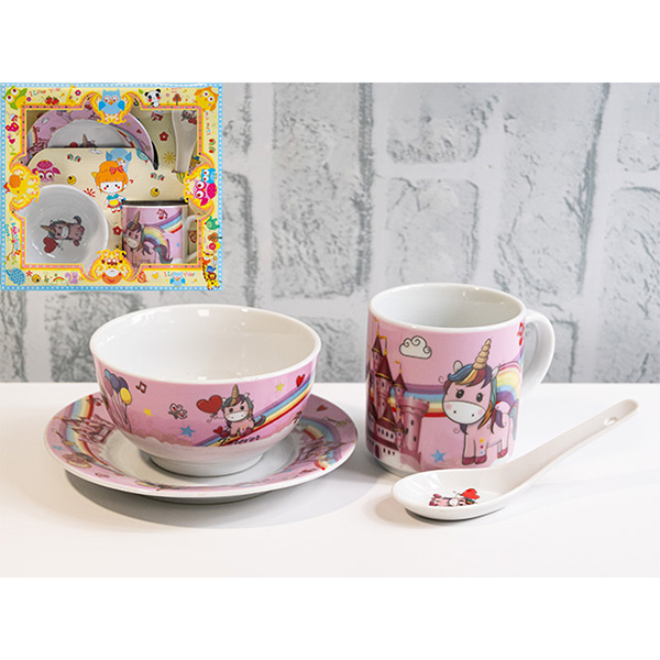 И02-14302-2 Комплект детски с чаша, купа, чиния, лъжица Еднорози