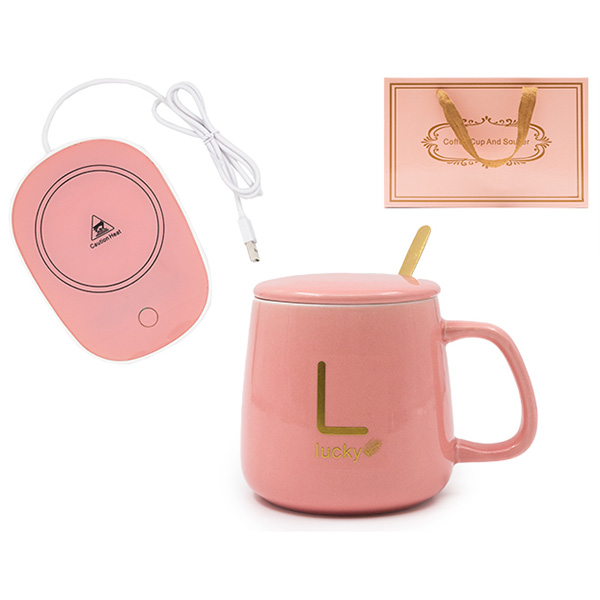 И02-18934-2 Чаша с дръжка с капак, лъжичка и котлон в кутия Розово