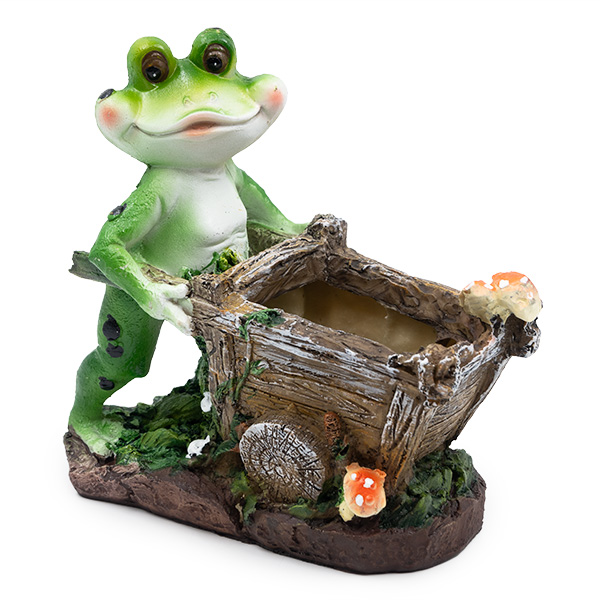 и02-23420 web Градинска декорация кашпа жаба с количка 19/16 см